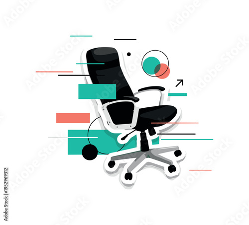 Black and white office chair in dynamic angled position as the focal object, slightly worn vintage texture, floating geometric rectangles and overlapping
