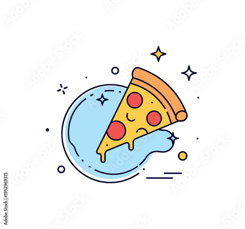 Grease spot on table linen circular translucent stain under a slice of pizza with tiny sparkle accents highlighting texture contrast, expressing informal