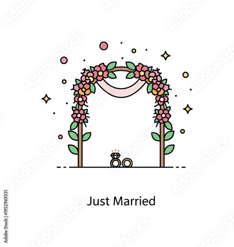 Wedding vows outdoor ceremony setting with a simple floral arch framing two tiny ring icons beneath, conveying celebration and shared commitment in a natural