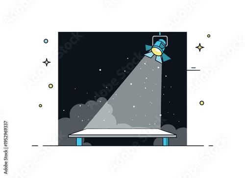 Dramatic lighting in theater focused spotlight beam cutting through darkness and illuminating a simple stage platform, conveying anticipation and emotional