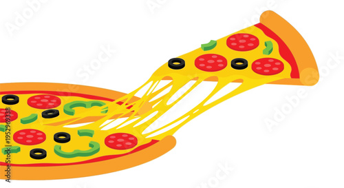 A delicious slice of pizza with melted cheese being pulled away from a whole pie