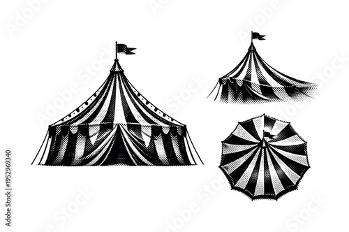Circus tent main peaked structure. A realistic circus tent shown as a single object in three different views, focusing on the central peak, fabric drape, and