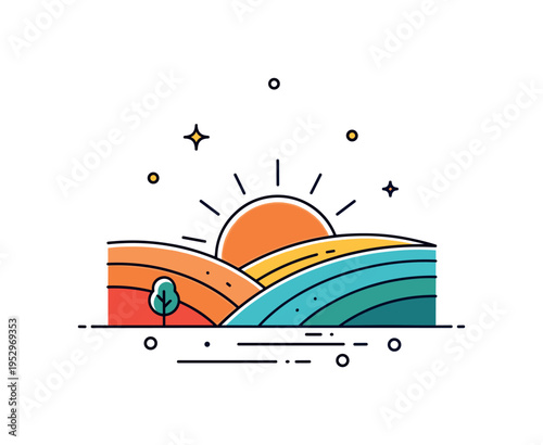 Sunset over rolling hills warm orange sun dipping behind curved hill silhouettes with a tiny tree accent in the foreground, conveying peaceful rural evenings