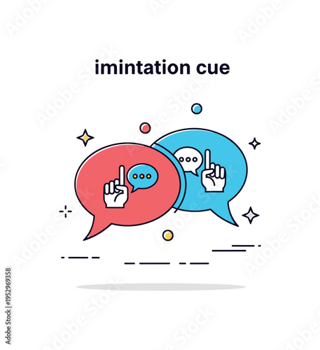 Subtle imitation cue illustration built around two speech bubbles mirroring each other with identical small gesture icons inside, symbolizing conversational