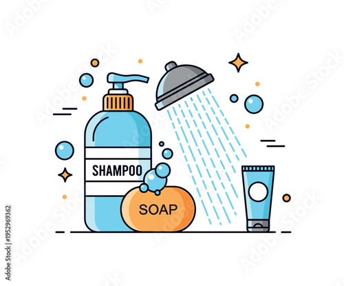 Bathroom hygiene routine depicted with shampoo bottle and soap placed beside a running shower stream, symbolizing cleanliness and personal care habits. Compact