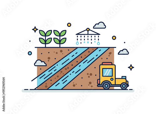 Agricultural field drainage farm plot with shallow channels directing excess water away from crops, illustrating soil health and efficient irrigation control.