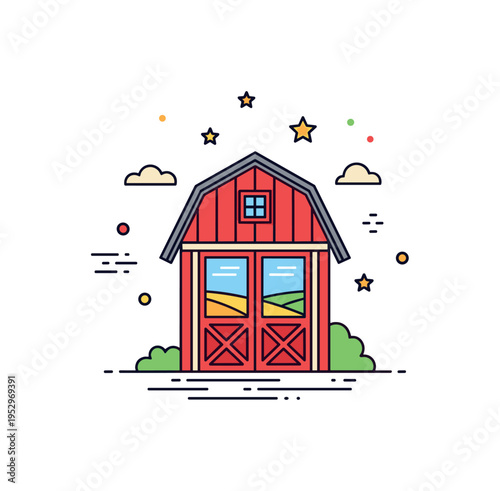 Farm structure entrance theme showing a bold red barn door with small window panels and subtle countryside horizon accent, expressing openness and rural life.