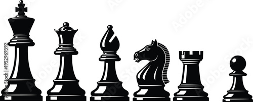 Black and white vector illustration set of classic chess pieces including king queen bishop knight rook and pawn for strategic games