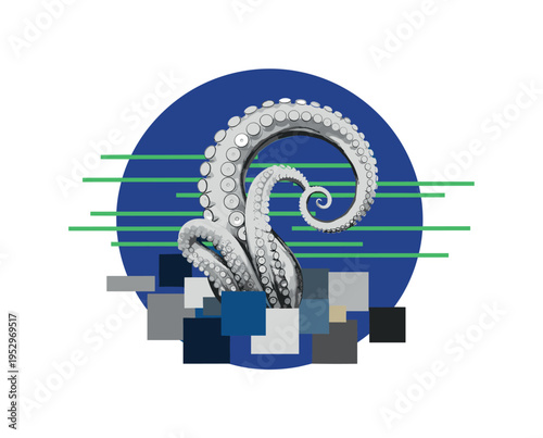 Black and white giant squid tentacle emerging from abstract deep ocean field, bold dark blue circular backdrop intersected by horizontal green lines