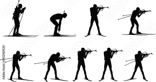 Black silhouette set of biathlon athletes skiing and shooting with rifles isolated on white background for winter sports competition design.