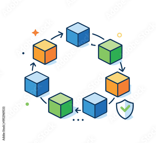 Blockchain digital blocks illustrated as a cube network arranged in a circular flow, communicating continuity immutability and modern decentralized technology.