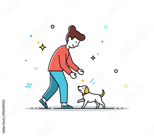 Joyful pet interaction showing a person playing with a small dog symbolizing companionship and everyday happiness. Tiny sparkle accents reinforce warmth and