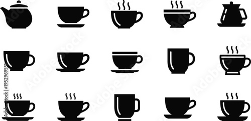 Tea and Coffee Cup Grid Silhouette Illustration — Hot Beverage Drinkware Teapot Mug Saucer Modern Traditional Design Theme Artwork for Stock Art Success