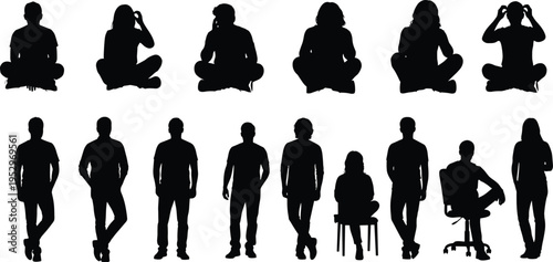 Black vector silhouettes of diverse people in various poses including sitting cross-legged, standing, leaning, and resting on office chairs isolated.