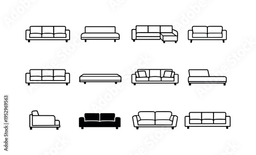 Modern Sofa. Line icon set of Modern Sofa: modern sofa front view, minimalist sofa, sectional sofa, two seat sofa, three seat sofa, low profile sofa, sofa with