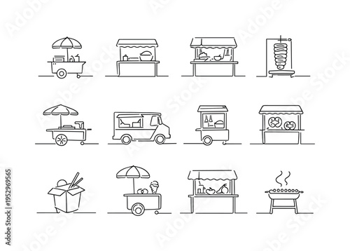 Street Food Stalls Around the World. Minimalistic set one-line drawing [hot dog cart, taco stand, ramen stall, kebab spit grill, crepe cart, food truck,