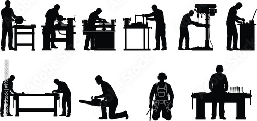 Carpentry and Woodworking Silhouettes Set Featuring Craftsmen Operating Lathes, Drill Presses, Table Saws, Chainsaws, and Manual Tools for Industrial Workshop Design.