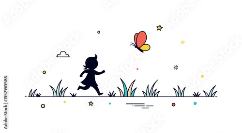 Childhood wonder in a meadow featuring a small silhouette running after a bright butterfly above simple grass shapes, symbolizing innocence and
