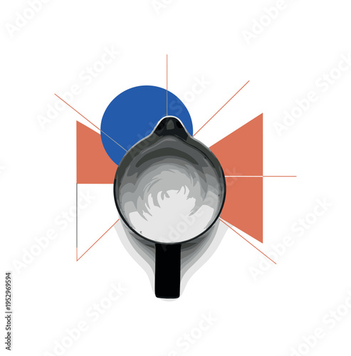 Black and white top view of milk frothing pitcher with visible milk swirl texture, bold cobalt blue sun circle centered behind the circular opening, terracotta