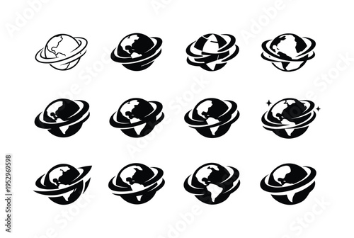 Earth's rotation. Icon set. Set Logo of Earth's rotation: star trail arc. harmonious logo variations of the same emblematic concept, each with different