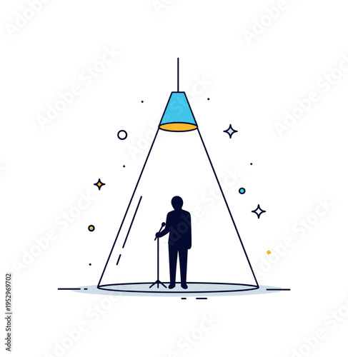 Theatrical spotlight moment featuring a single performer silhouette standing under a bright overhead light cone, expressing vulnerability and stage presence.