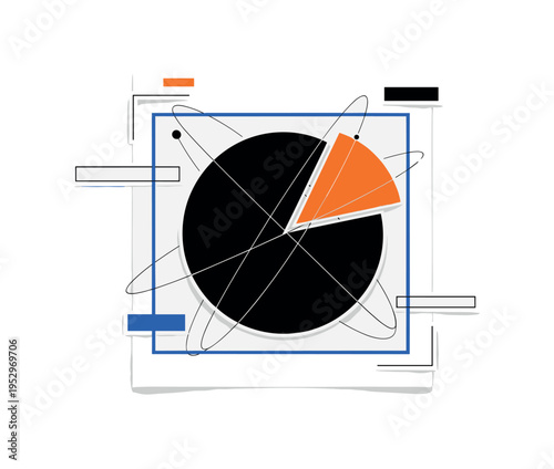 Black and white pie chart enlarged as central element emerging from a report page, bright orange semicircle highlighting one segment and blue geometric frame