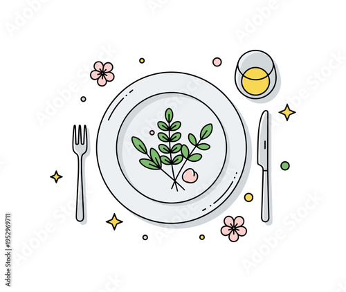 Spring table decoration illustrated by a bright plate setting with fresh greenery and subtle blossom details, expressing renewal, freshness, and light seasonal