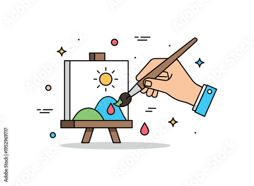 Painting by hand creative expression depicted by a hand holding a brush adding color to a small canvas with a simple sun and hill motif, conveying artistic