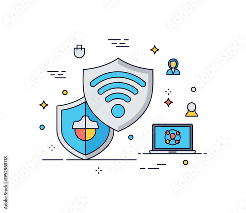 Secure network behavior concept centered on a WiFi symbol enclosed within a shield, expressing safe connections and mindful internet use. The scene