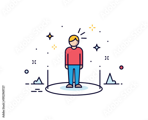 Stillness under pressure scene featuring a figure standing inside a small circular boundary representing mental block and temporary paralysis. Soft icy spark