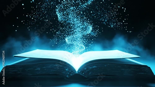 Glowing magic book with rising blue particles on dark background for fantasy and education intro