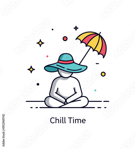 Wearing a sunhat poolside relaxation concept with a character silhouette seated under a wide brim hat and a small umbrella icon behind, conveying cool shade