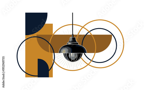 Black and white realistic pendant lamp hanging centrally as the main object, visible bulb and cord details, cut-out effect with subtle white outline, layered