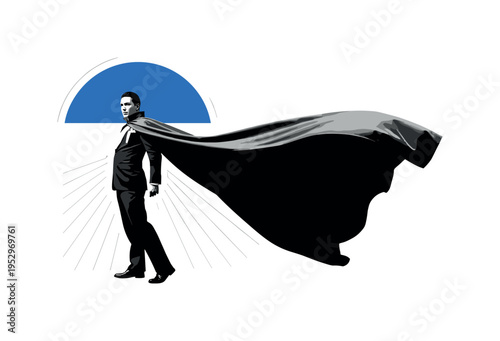 Black and white dramatic cape flowing behind a person in heroic stance, bright electric blue semicircle framing the upper body, thin orange radial lines subtly