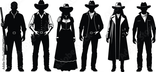 Set of Wild West Cowboy and Outlaw Silhouettes Featuring Male and Female Characters in Classic Western Apparel with Rifles and Hats