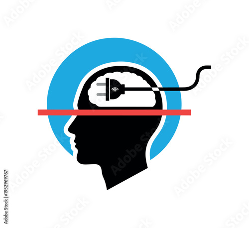 Black and white human head silhouette with visible brain illustration inside, bright red circle highlighting the brain area, abstract blue cylinders and thin