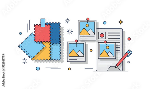 Mood board creation scene featuring fabric swatches and pinned inspiration images symbolizing research, trend exploration, and visual storytelling. Clean