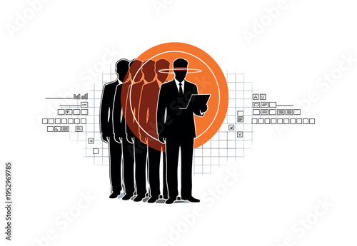 Black and white retro office worker silhouette duplicated three times in layered effect, central figure highlighted with orange circular halo symbolizing AI