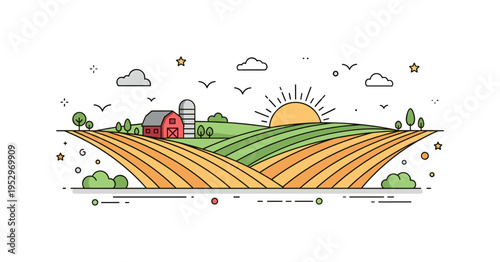 Farmland landscape wide rural scenery illustrated by rolling fields divided into neat geometric plots with a small red barn and silo under a rising sun,