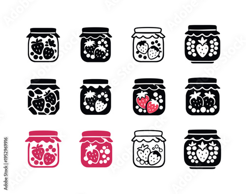 preserved fruits. Icon set. Set Logo of preserved fruits: jar with berries. harmonious logo variations of the same emblematic concept, each with different