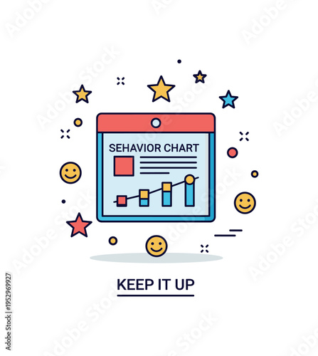 Behavior chart positive reinforcement badge design with a compact chart icon surrounded by small star and smile symbols, expressing celebration of progress and