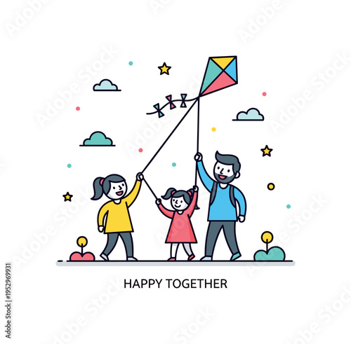 Children and parents flying a kite outdoors illustration with two simple figures holding a string connected to a bright kite above, expressing freedom and