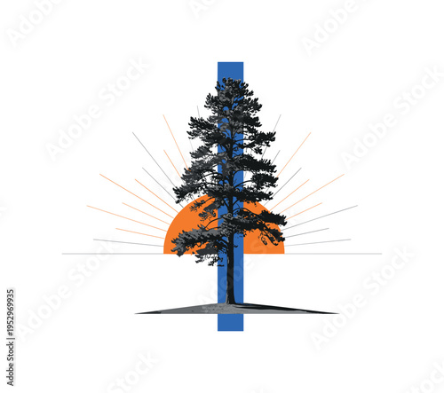Black and white single tall tree isolated in clearing with dramatic sunlight rays, bright orange semicircle rising behind the trunk and blue vertical accent
