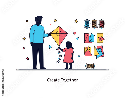 Family kite making workshops creative learning scene featuring a simple chalkboard style kite sketch beside a real finished kite held by a child silhouette,