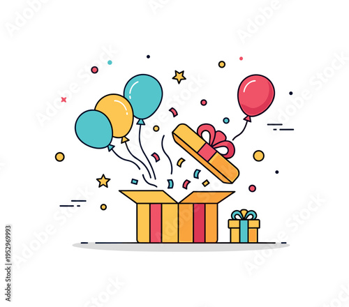 Surprise birthday reveal scene centered on a gift box bursting open with balloons and confetti, expressing excitement, delight, and unexpected happiness. A