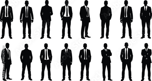 Black silhouette of businessman set, men in formal suits and ties standing, professional male figures, flavector corporate group, isolated icons, collection.