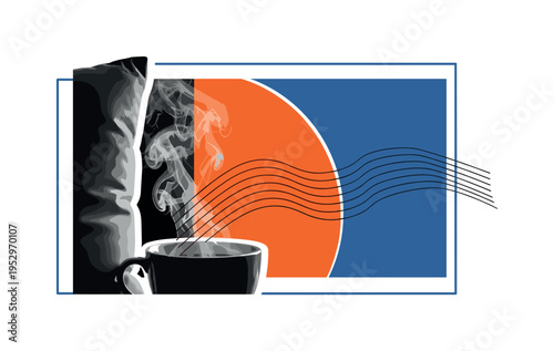 Black and white close-up of steak being flipped with tongs, oversized orange circle behind the action, thin radiating lines emphasizing motion and sizzle,