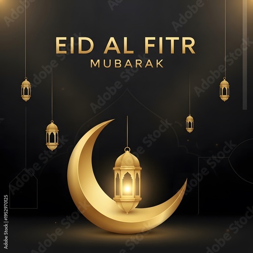 Luxury black and gold background with lantern and crescent moon, perfect for premium Eid Mubarak greeting designs and elegant Islamic visuals.