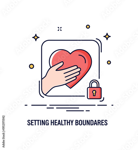 Setting healthy boundaries visualized by a heart gently enclosed within a soft rounded frame and a small lock icon. The scene conveys self-respect, protection