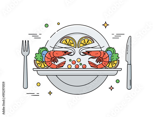 Seafood serving platter centered on a large plate with shrimp and lemon wedges arranged symmetrically, expressing freshness, coastal cuisine, and premium